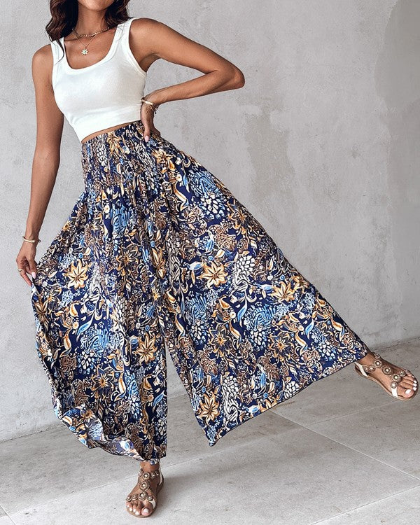 Boho Floral Print Shirred High Waist Wide Leg Pants