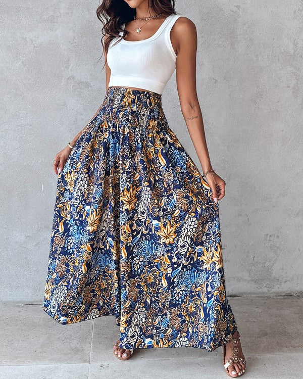 Boho Floral Print Shirred High Waist Wide Leg Pants