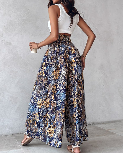 Boho Floral Print Shirred High Waist Wide Leg Pants