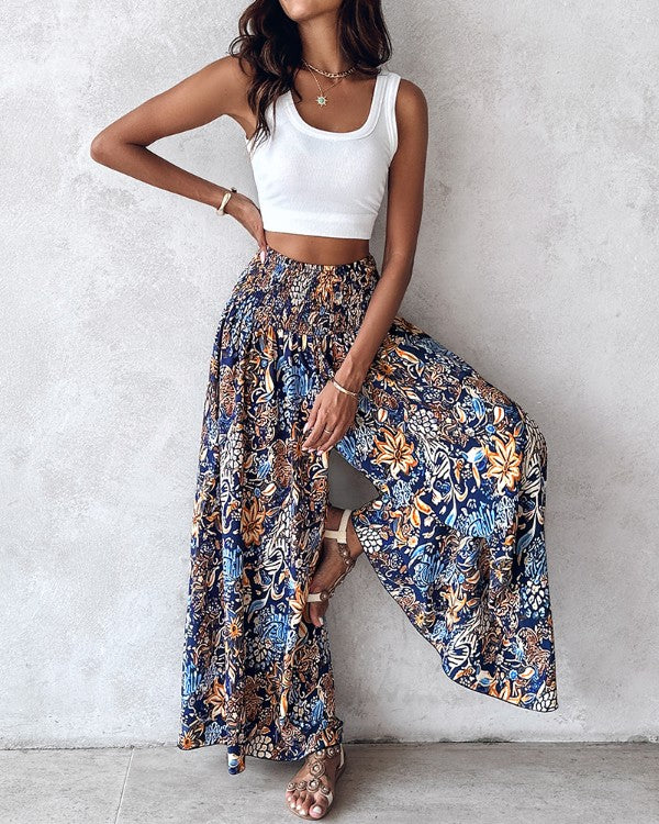 Boho Floral Print Shirred High Waist Wide Leg Pants