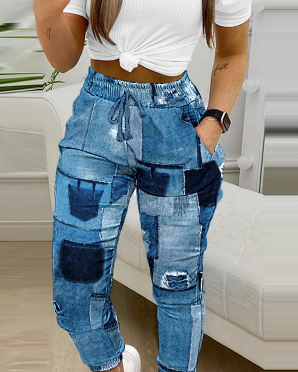 Denim Look Print Drawstring Cuffed Pants