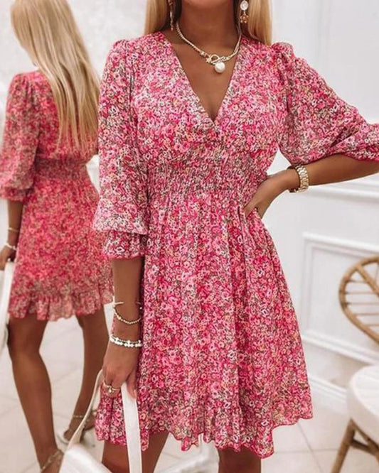 Pink Ditsy Floral Print Lantern Sleeve Ruffles Shirred Dress