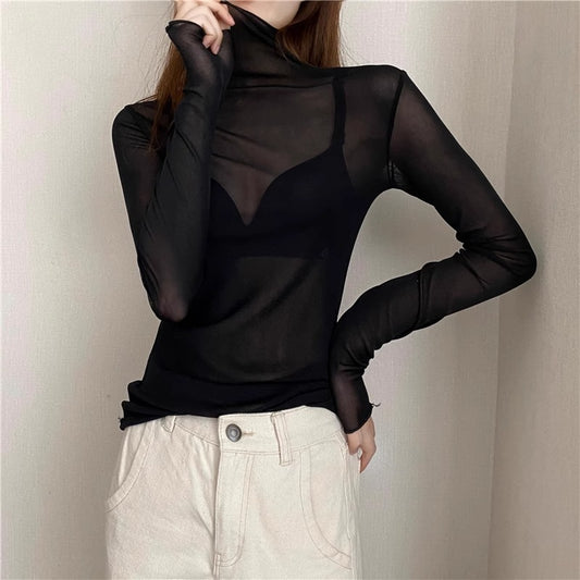 Women's Turtleneck Lace Bottoming Top With Wooden Ears