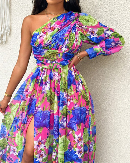 Lantern Sleeve One Shoulder High Slit Floral Maxi Dress