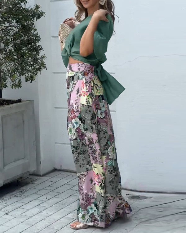 Twisted Crop Top & Floral Print Wide Leg Pants Set