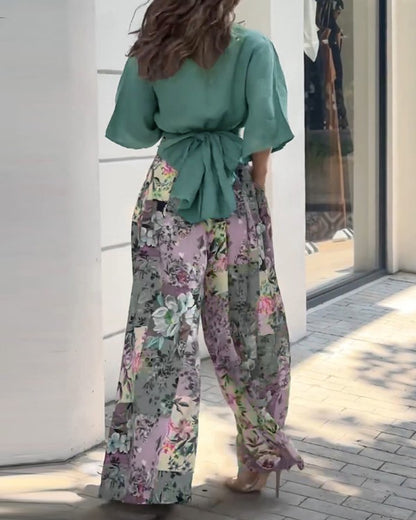 Twisted Crop Top & Floral Print Wide Leg Pants Set