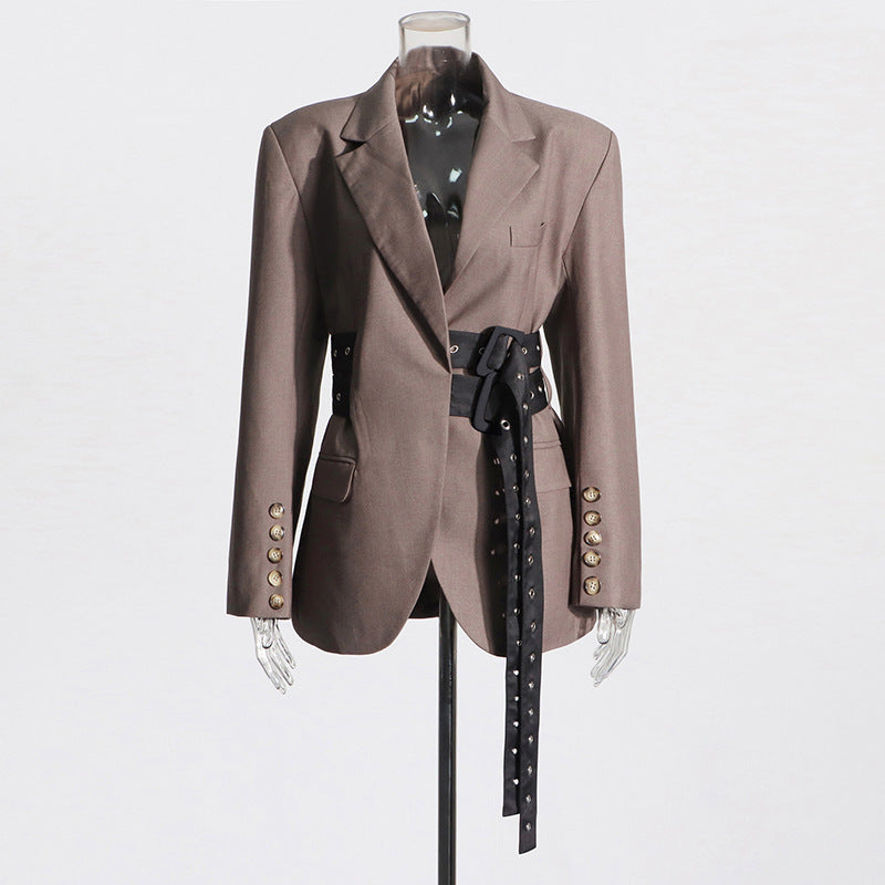 Textured Statement-Belted Power Blazer