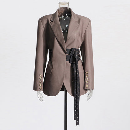 Textured Statement-Belted Power Blazer