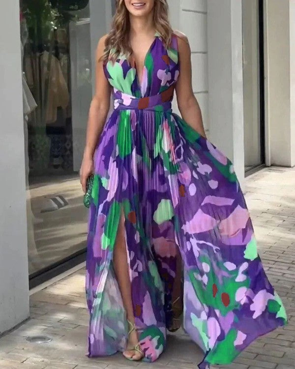 All Over Print Ruched Slit Tied Detail Maxi Dress