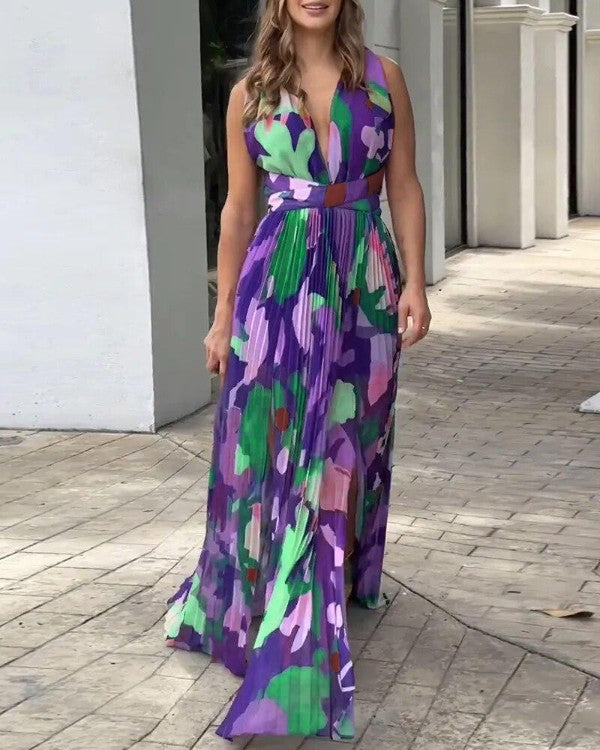 All Over Print Ruched Slit Tied Detail Maxi Dress