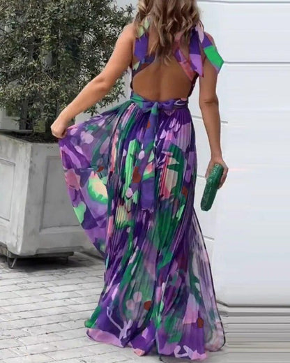 All Over Print Ruched Slit Tied Detail Maxi Dress