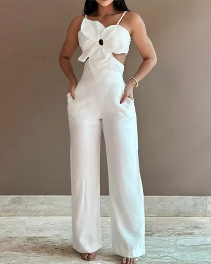 Floral Pattern Pocket Design Hollow Out Jumpsuit