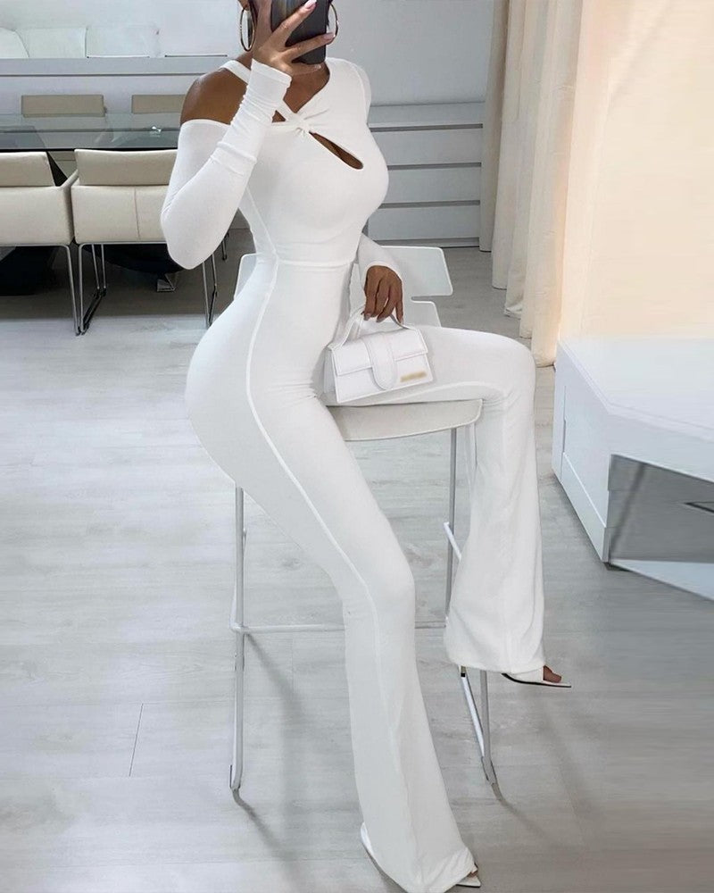 Long Sleeve Cutout Design Flared Leg Jumpsuit