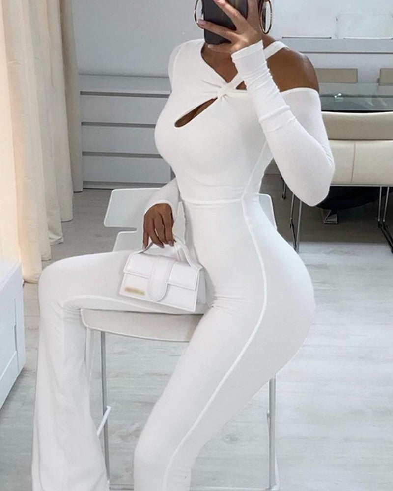 Long Sleeve Cutout Design Flared Leg Jumpsuit