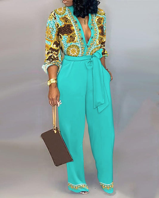 Baroque Geo Print Long Sleeve Belted Jumpsuit