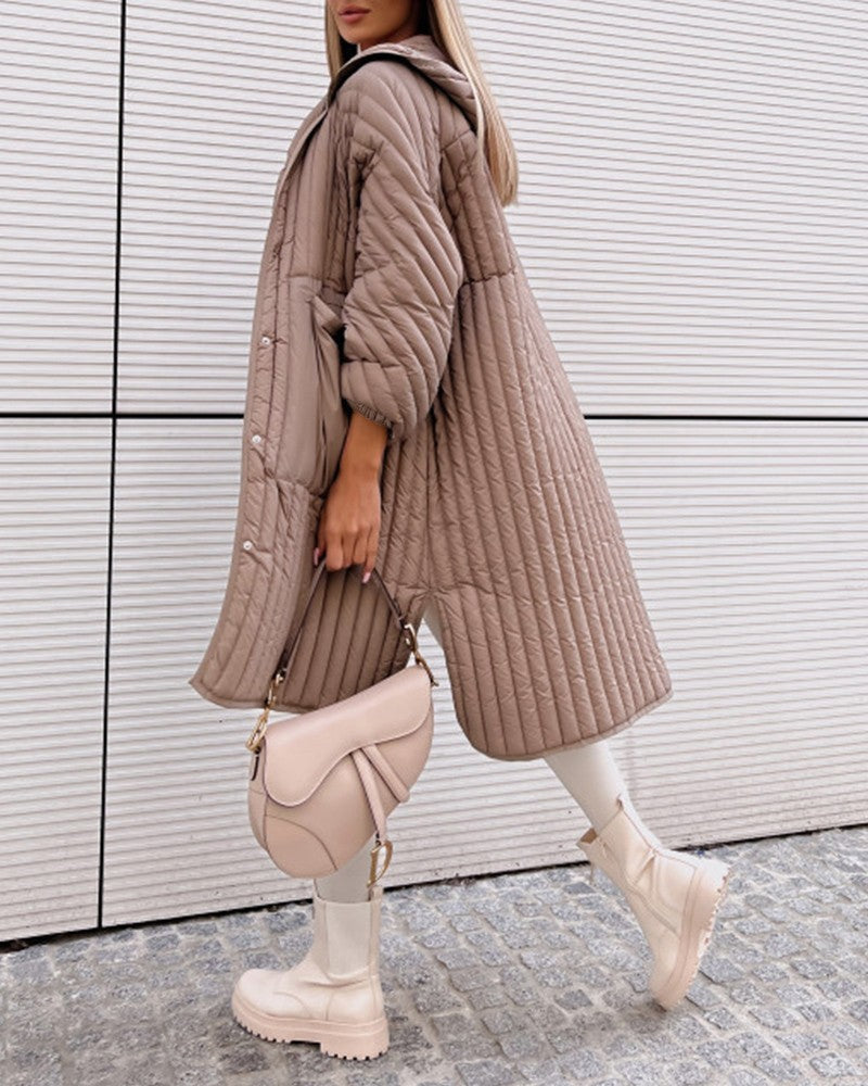 Long Sleeve Side Slit Button Front Puffer Coat