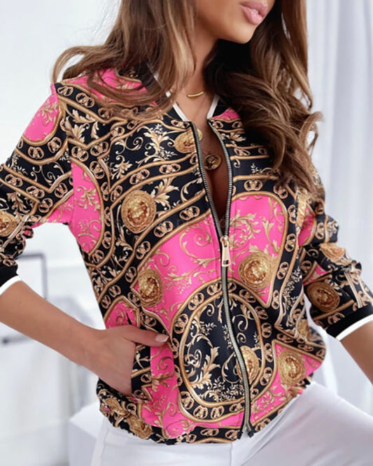 Long Sleeve Baroque Print Zipper Design Jacket