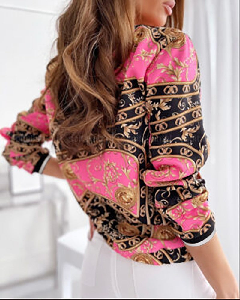 Long Sleeve Baroque Print Zipper Design Jacket