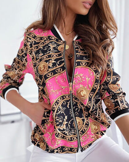 Long Sleeve Baroque Print Zipper Design Jacket