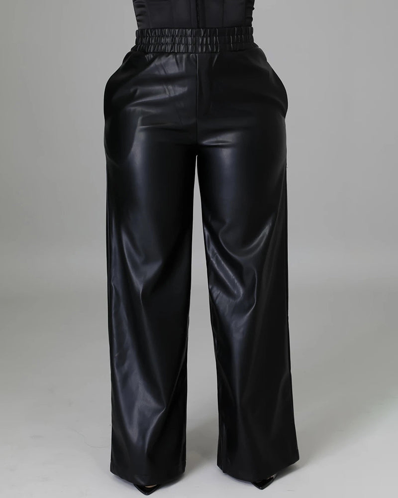 PU Leather Pocket Design Wide Leg Pants