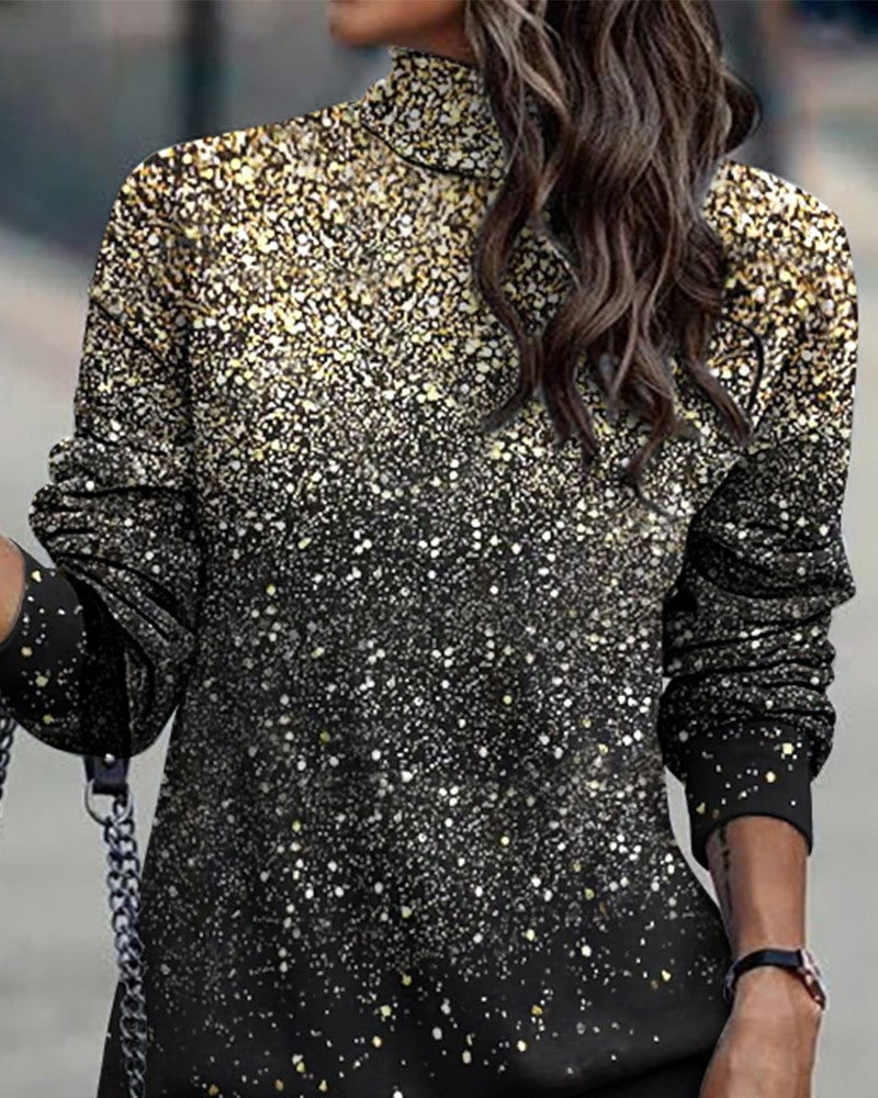 Glitter Print High Neck Long Sleeve Dress