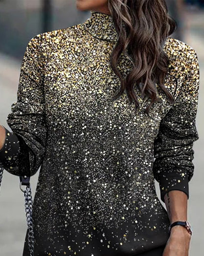 Glitter Print High Neck Long Sleeve Dress