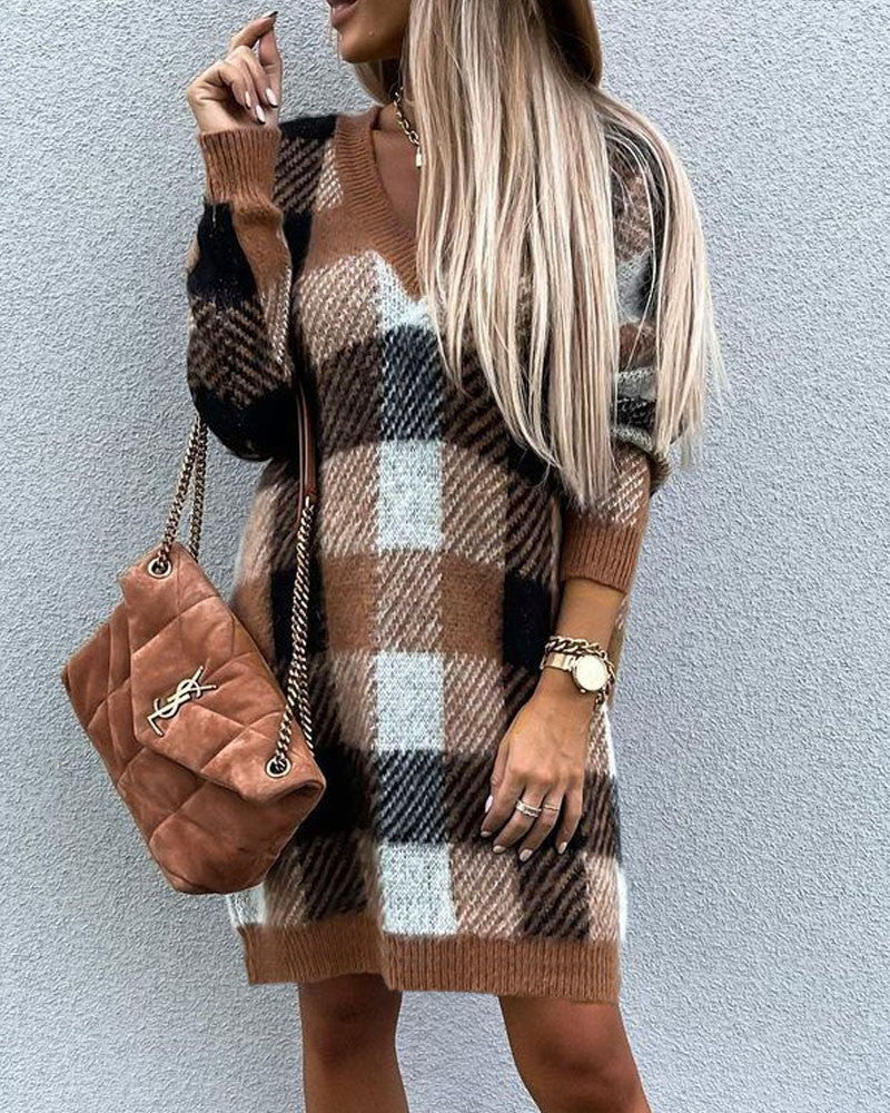 Plaid Pattern Long Sleeve Sweater Dress