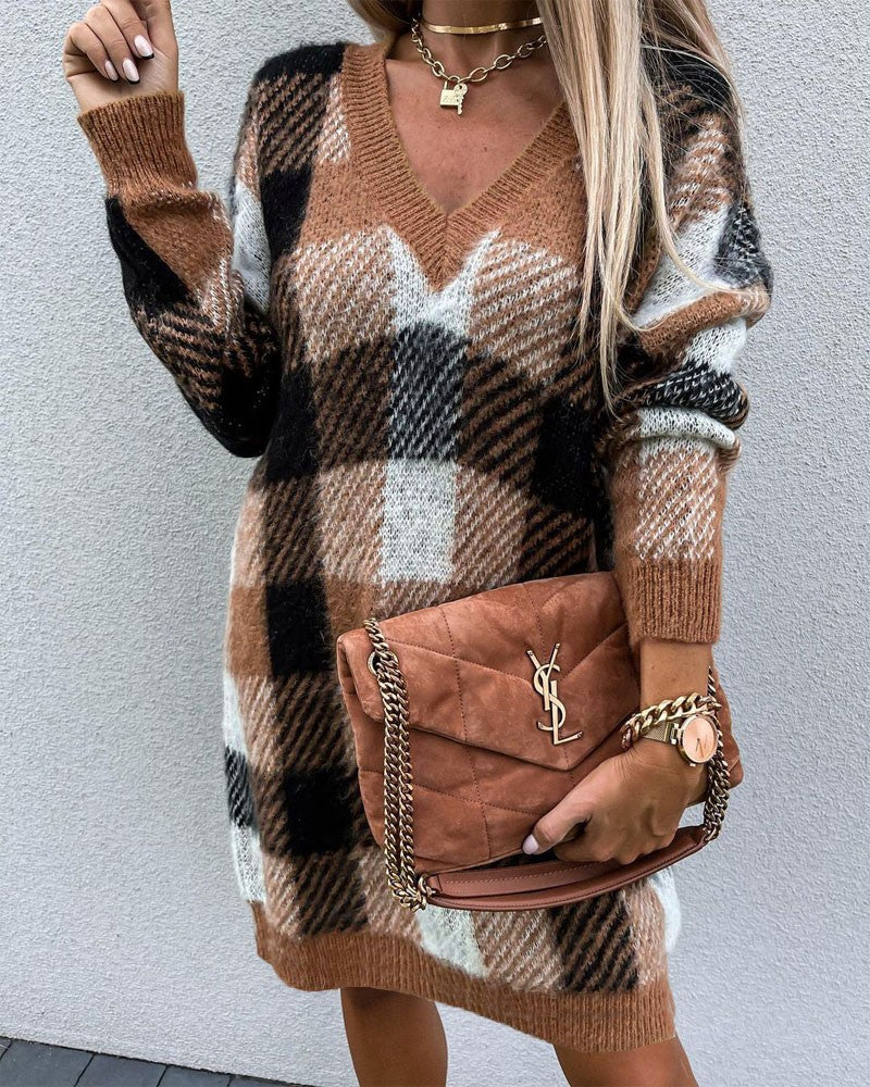 Plaid Pattern Long Sleeve Sweater Dress