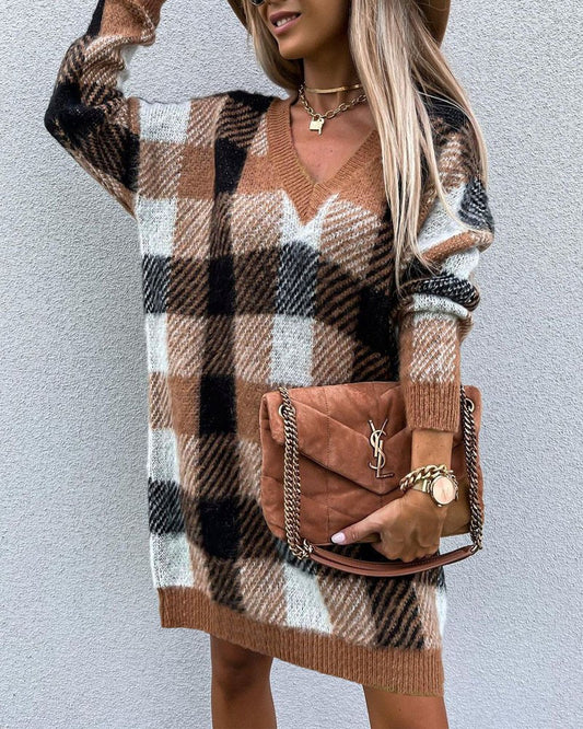 Plaid Pattern Long Sleeve Sweater Dress