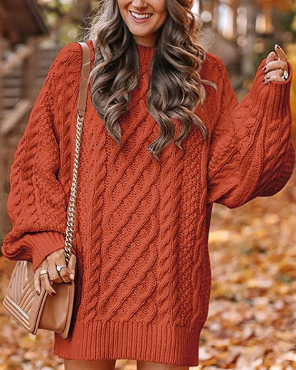 Lantern Sleeve Cable Knit Sweater Dress