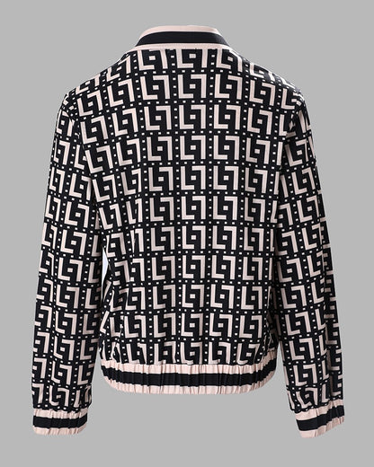 Geometric Print Long Sleeve Zip Up Jacket