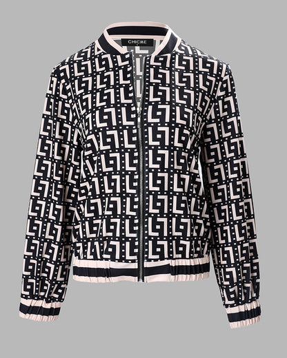 Geometric Print Long Sleeve Zip Up Jacket