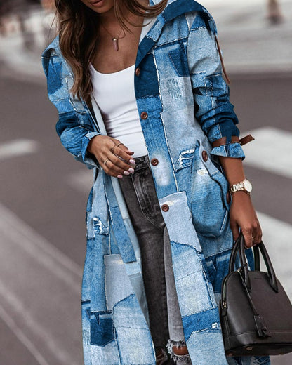 Denim Look Print Button Front Longline Trench Coat