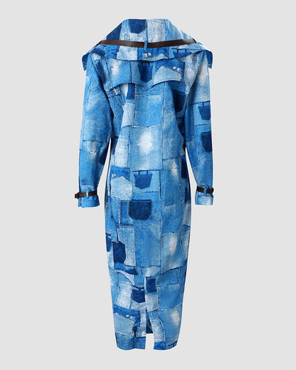 Denim Look Print Button Front Longline Trench Coat