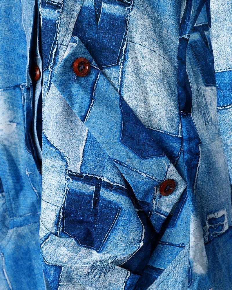 Denim Look Print Button Front Longline Trench Coat