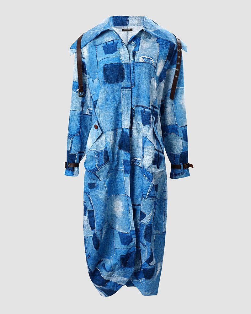 Denim Look Print Button Front Longline Trench Coat