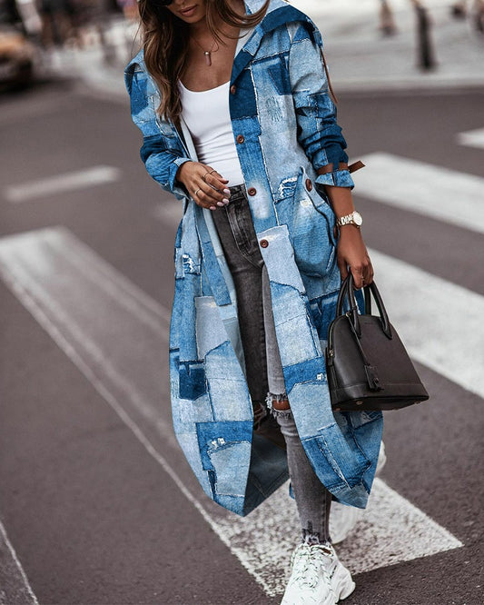 Denim Look Print Button Front Longline Trench Coat