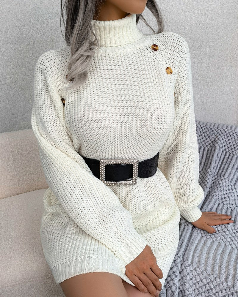 Long Sleeve Buttoned High Neck Sweater Dress