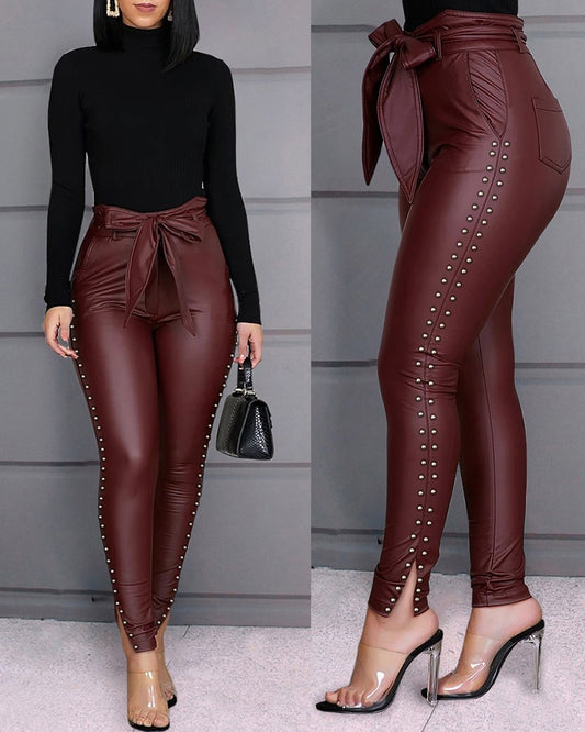 Studded PU Leather Skinny Pants With Belt