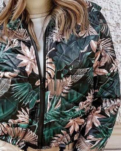 Tropical Print Zipper Pocket Design Drawstring Jacket