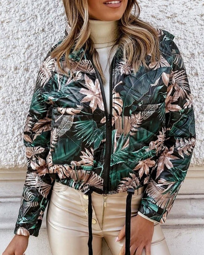 Tropical Print Zipper Pocket Design Drawstring Jacket