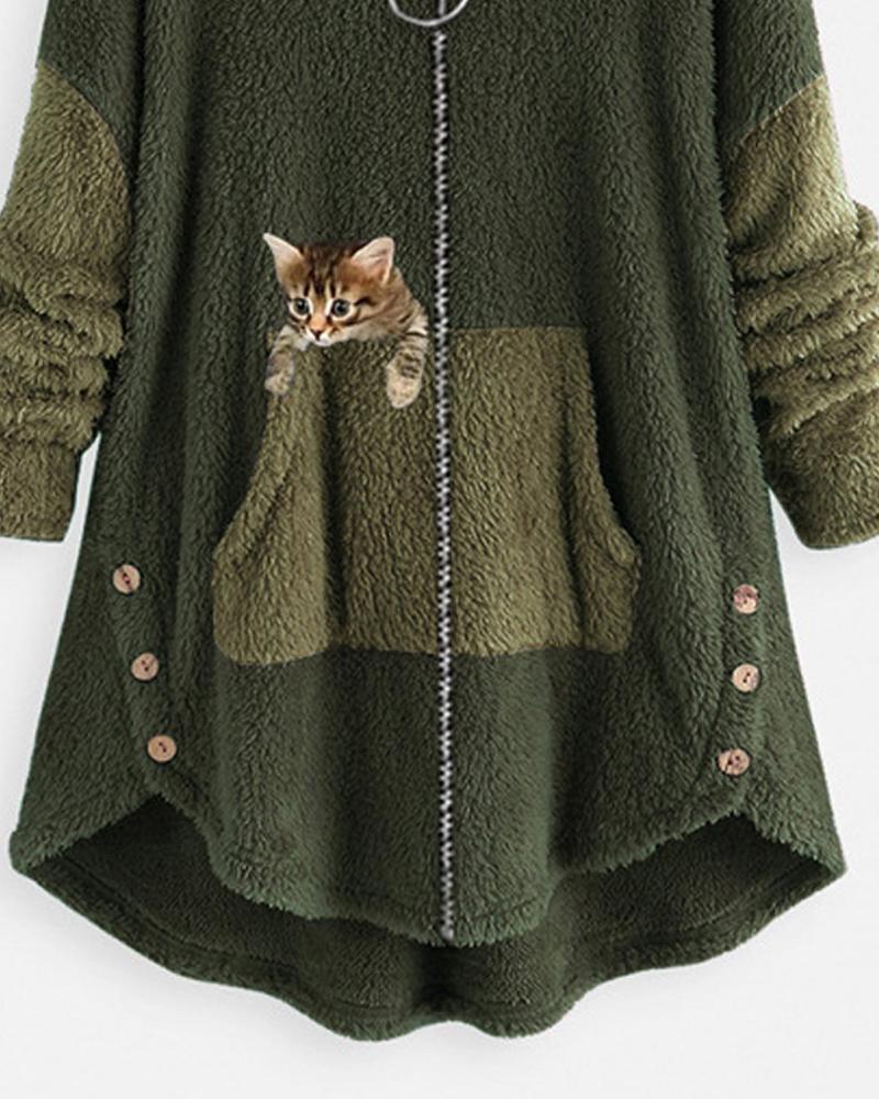 Cat Print Long Sleeve Hooded Zip Up Teddy Coat