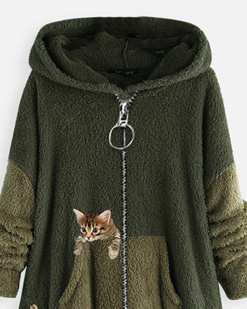 Cat Print Long Sleeve Hooded Zip Up Teddy Coat