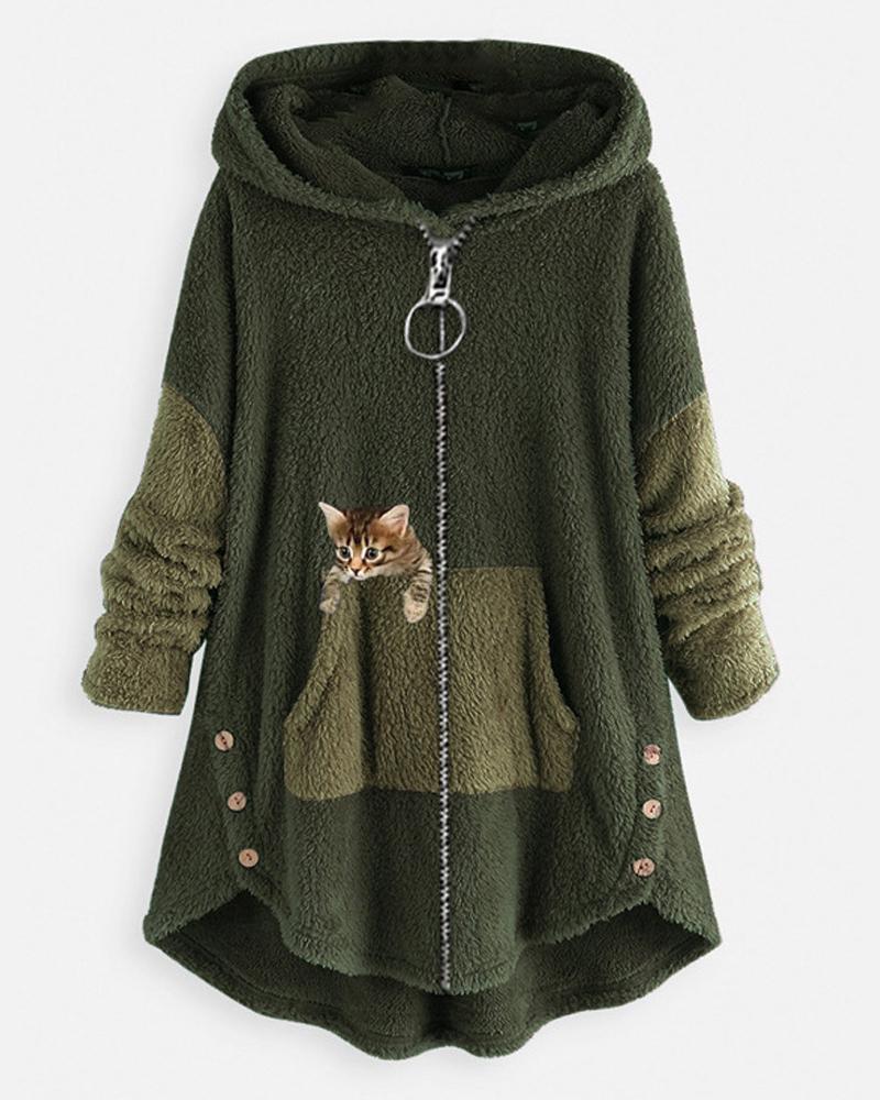 Cat Print Long Sleeve Hooded Zip Up Teddy Coat