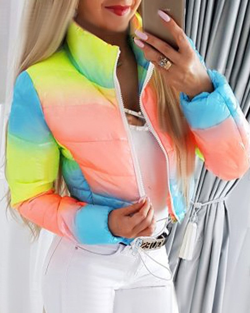 Ombre Long Sleeve Zip Up Puffer Coat