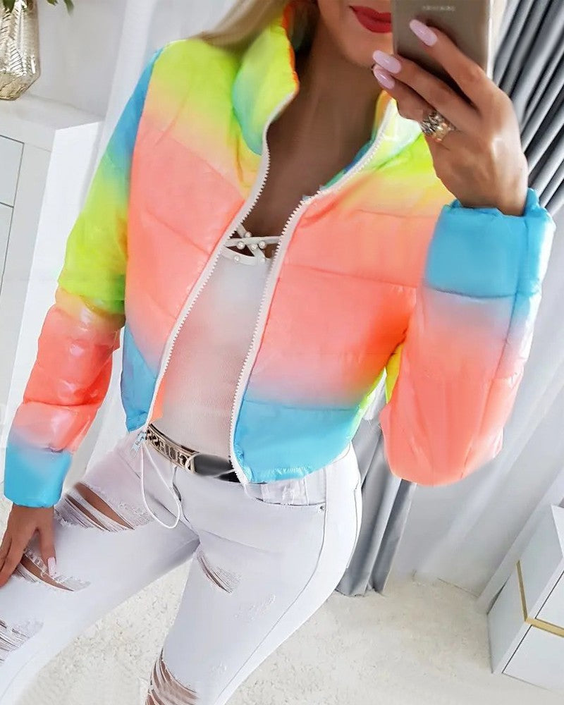 Ombre Long Sleeve Zip Up Puffer Coat