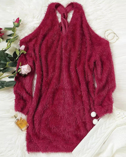 Fluffy Cold Shoulder Long Sleeve Dress