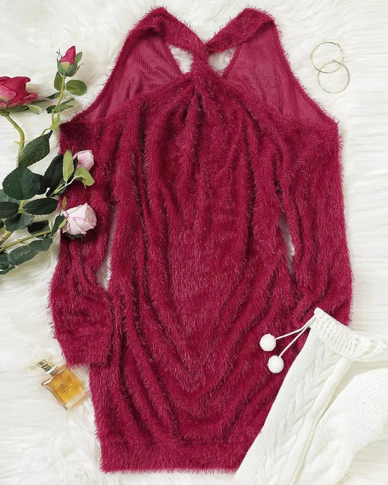 Fluffy Cold Shoulder Long Sleeve Dress