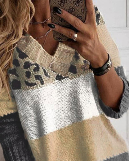 Leopard Pattern Colorblock Long Sleeve Sweater