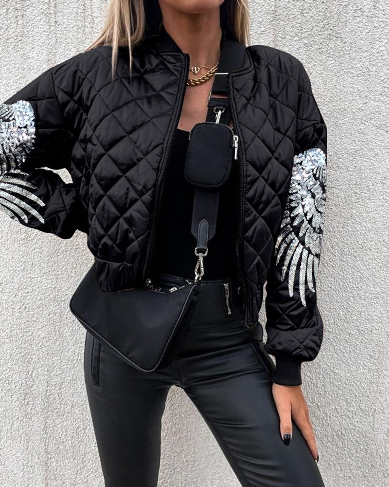 Contrast Sequin Angel Wings Pattern Quilted Puffer Jacket